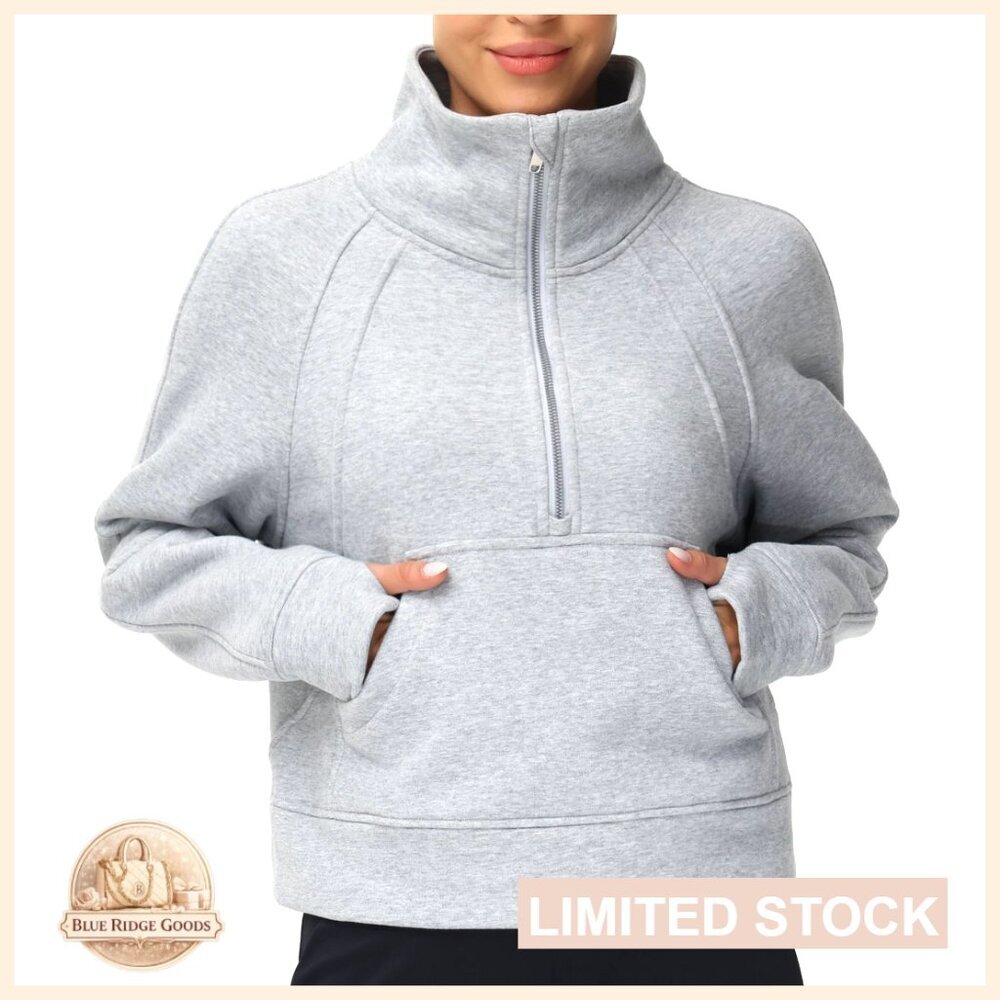 Half Zip Pullover Fleece Crop Sweatshirt with Thumb Holes and Pockets